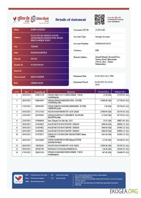Modèle Word et PDF de relevé de compte India Union Bank of India, version 3